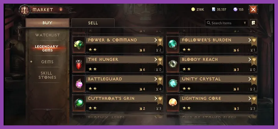 Diablo Immortal equipment menu showing Vithu's Urges set and Bottled Hope gem
