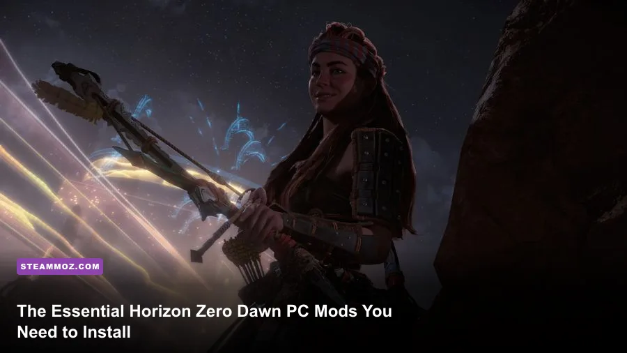 Aloy aiming a bow at a giant Thunderjaw in Horizon Zero Dawn PC