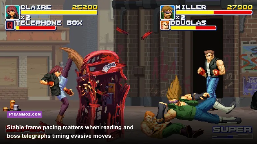 Final Vendetta boss fight with the player character dodging an incoming attack