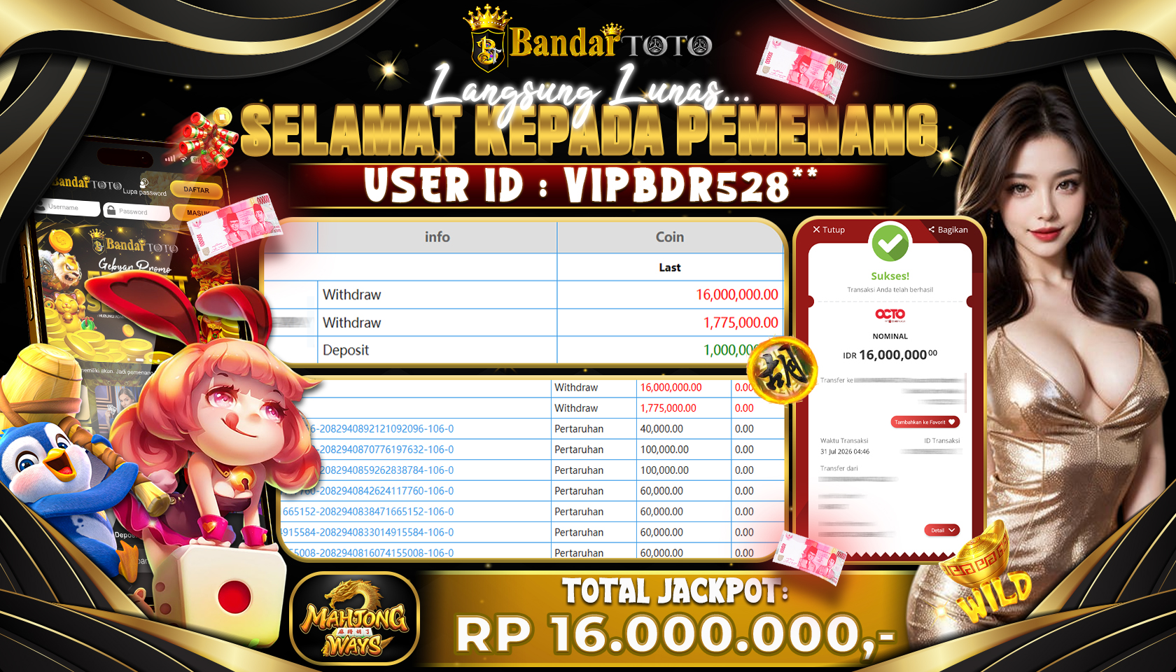 BANDARTOTO JACKPOT PG-MAHJONG WAYS 16 JUTA DIBAYAR LUNAS,-