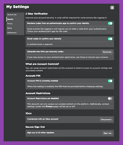 Roblox security settings interface