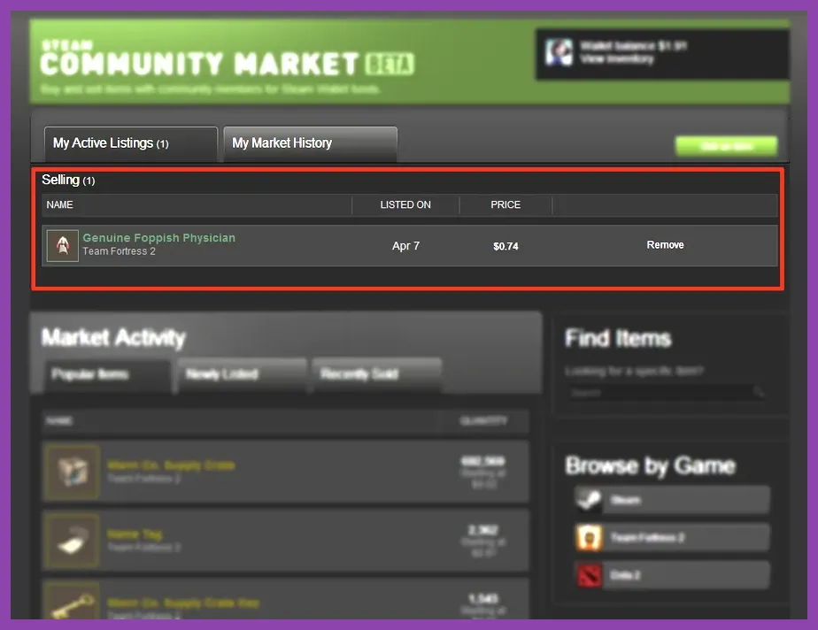 Steam Community Market page for Team Fortress 2 items