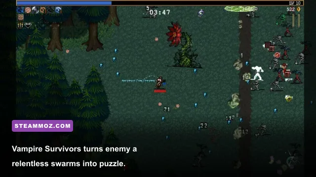 Vampire Survivors character surrounded by enemies in Mad Forest