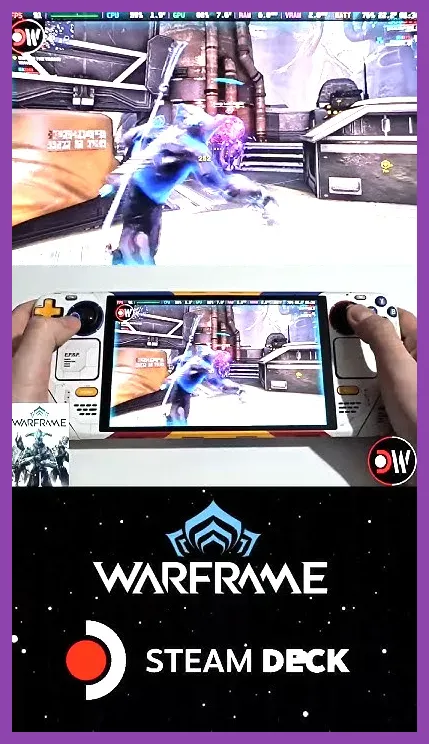 Warframe co-op mission running on Steam Deck with visible HUD and teammates