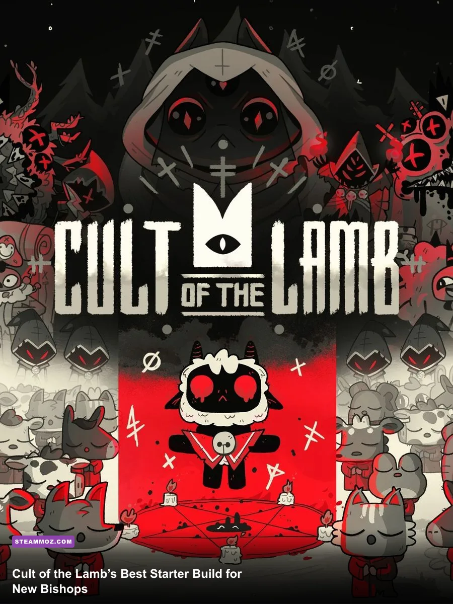 The Lamb leading a cult through a red forest in Cult of the Lamb