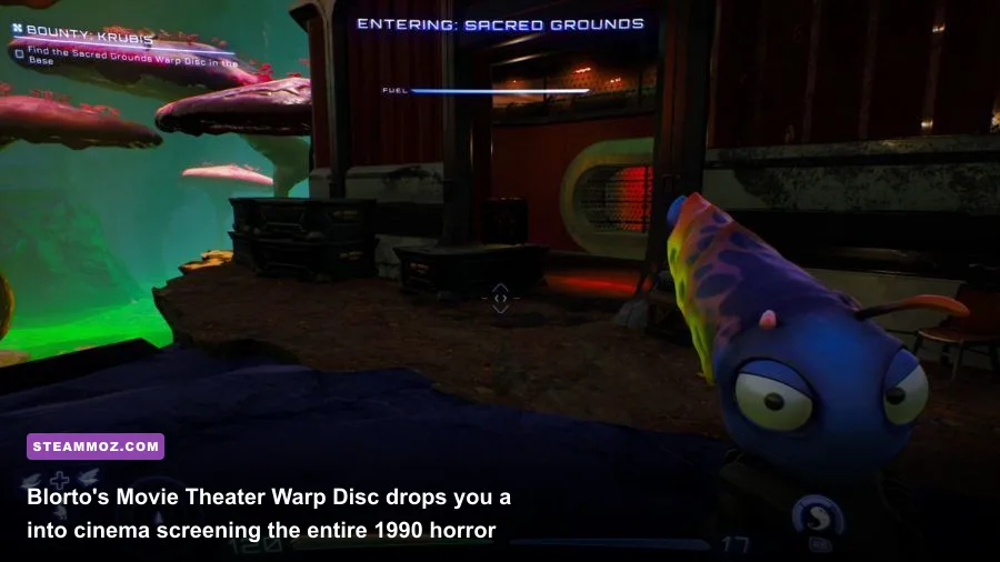 The alien movie theater Warp Disc showing Demon Wind in High On Life