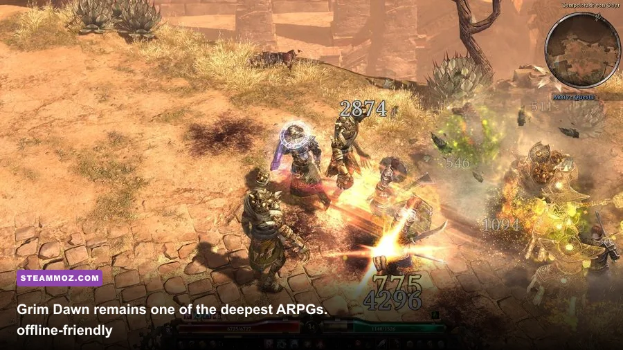 Grim Dawn dual wield character clearing enemies in a fiery ruin