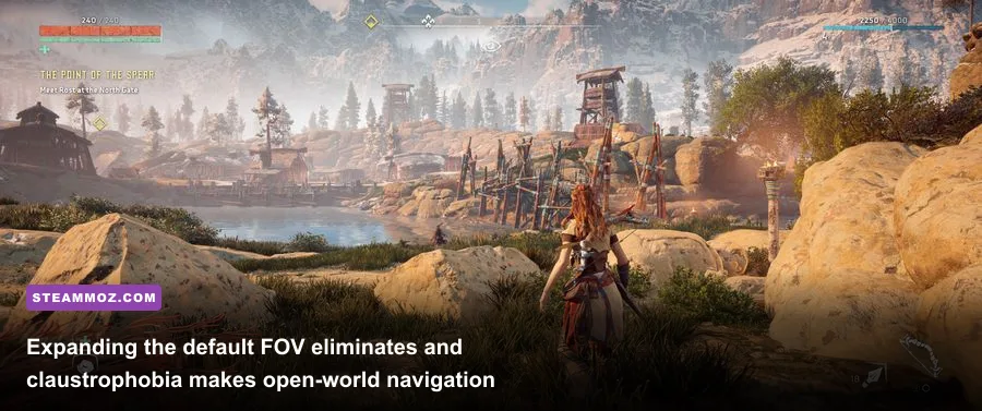 Wide angle third-person perspective of Aloy exploring a lush forest in Horizon Zero Dawn