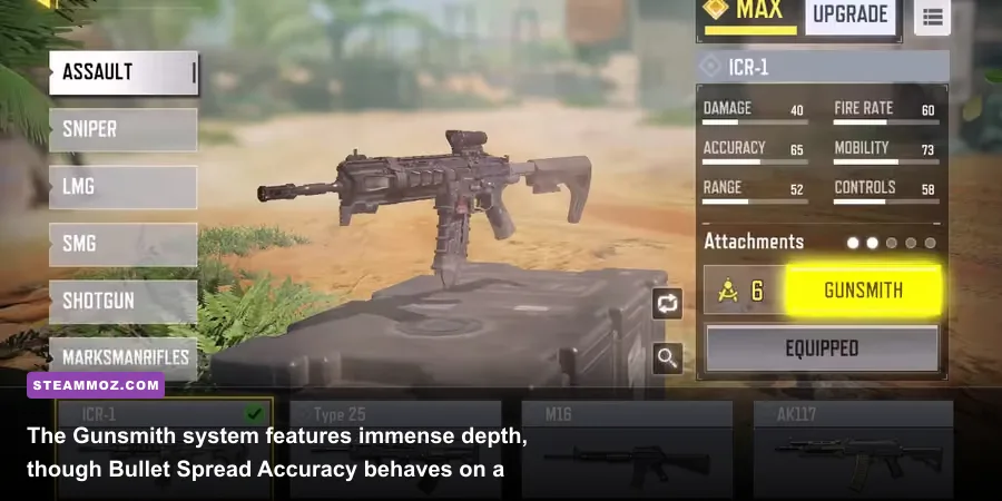 Weapon Gunsmith customization screen in Call of Duty Mobile on PC
