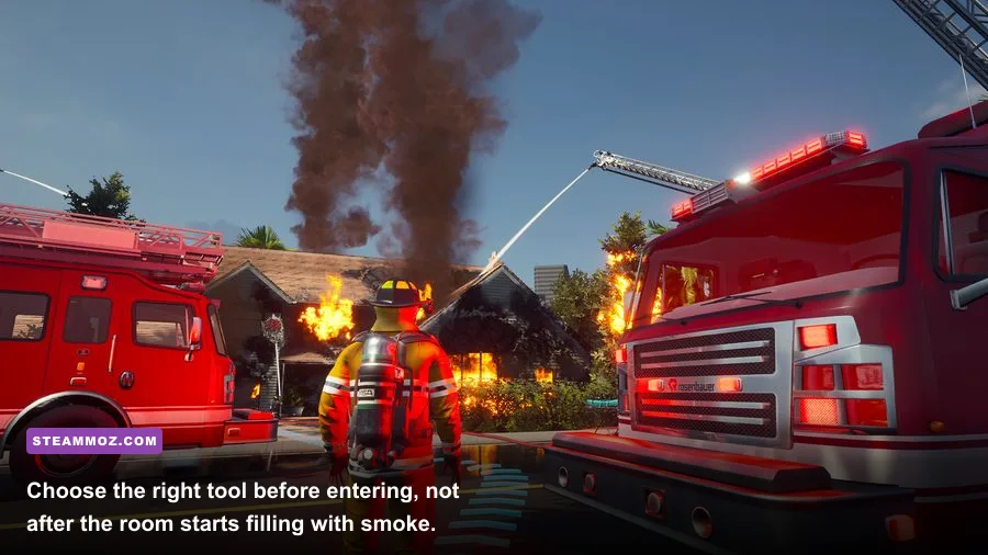 Firefighting Simulator The Squad firefighter choosing tools beside a fire engine