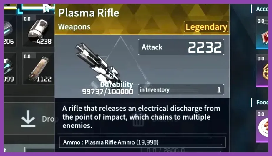 Palworld endgame loadout showing Plasma Rifle and Quantum Bow equipped