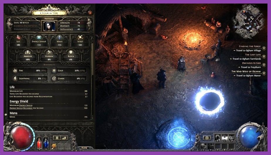Character sheet showing armor and energy shield defenses in Path of Exile 2
