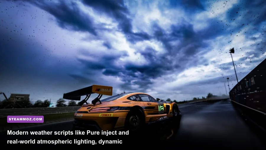 Stunning sunset driving scene featuring realistic volumetric clouds and atmospheric scattering via Pure mod