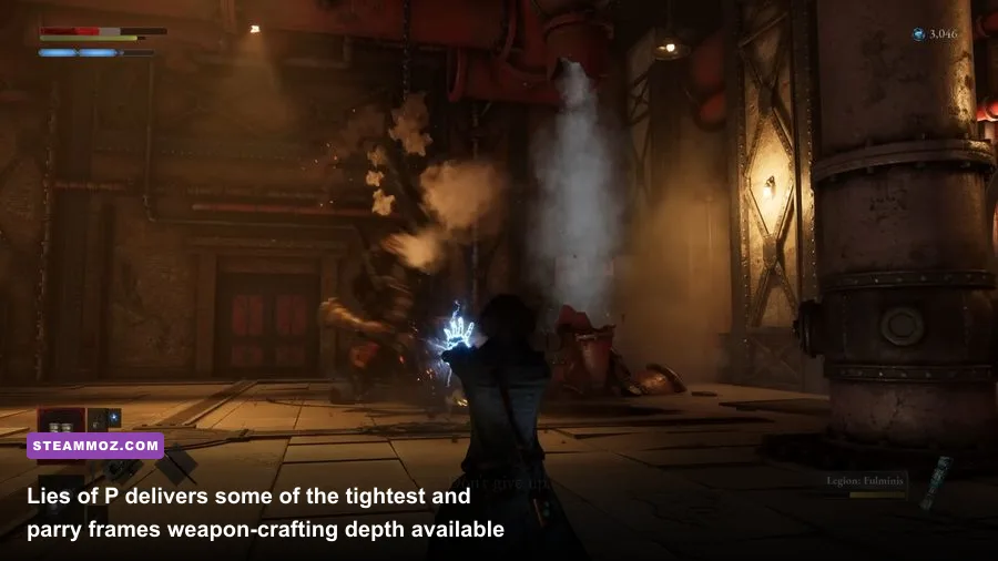 Pinocchio battling a mechanical boss in Lies of P using the Booster Glaive