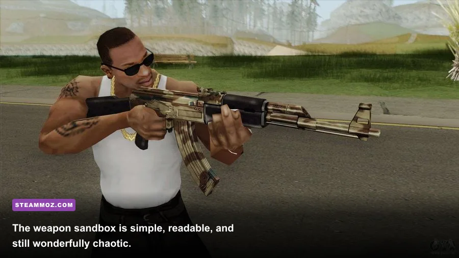 CJ using weapons including the AK-47 and Desert Eagle in GTA San Andreas