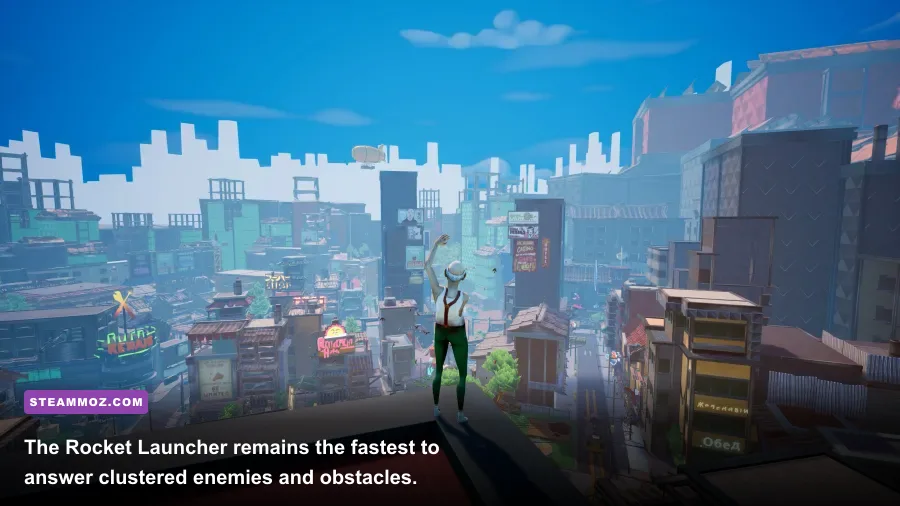 Just Die Already player firing the Rocket Launcher in the industrial area