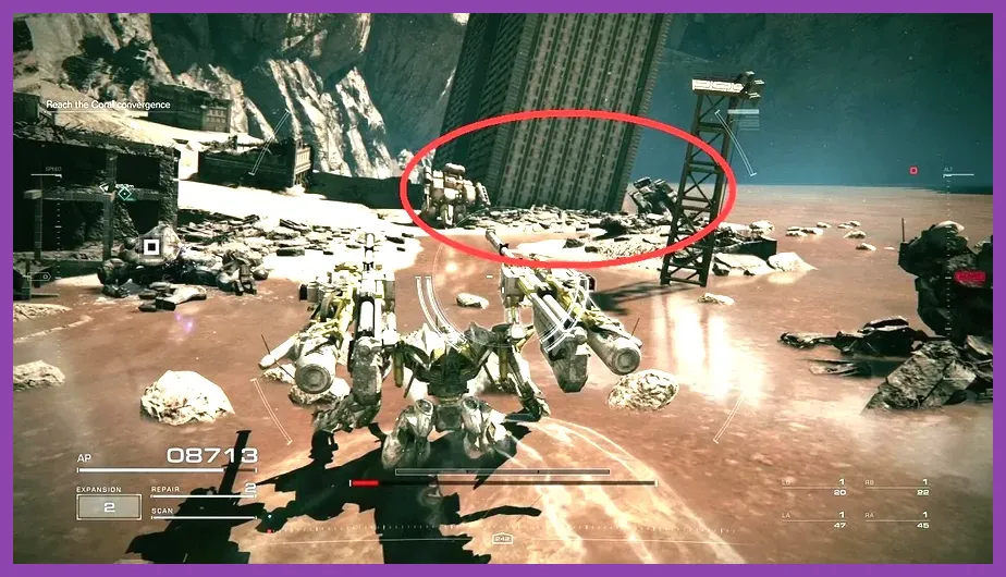 AC6 mecha scanning for combat logs in a desolate canyon