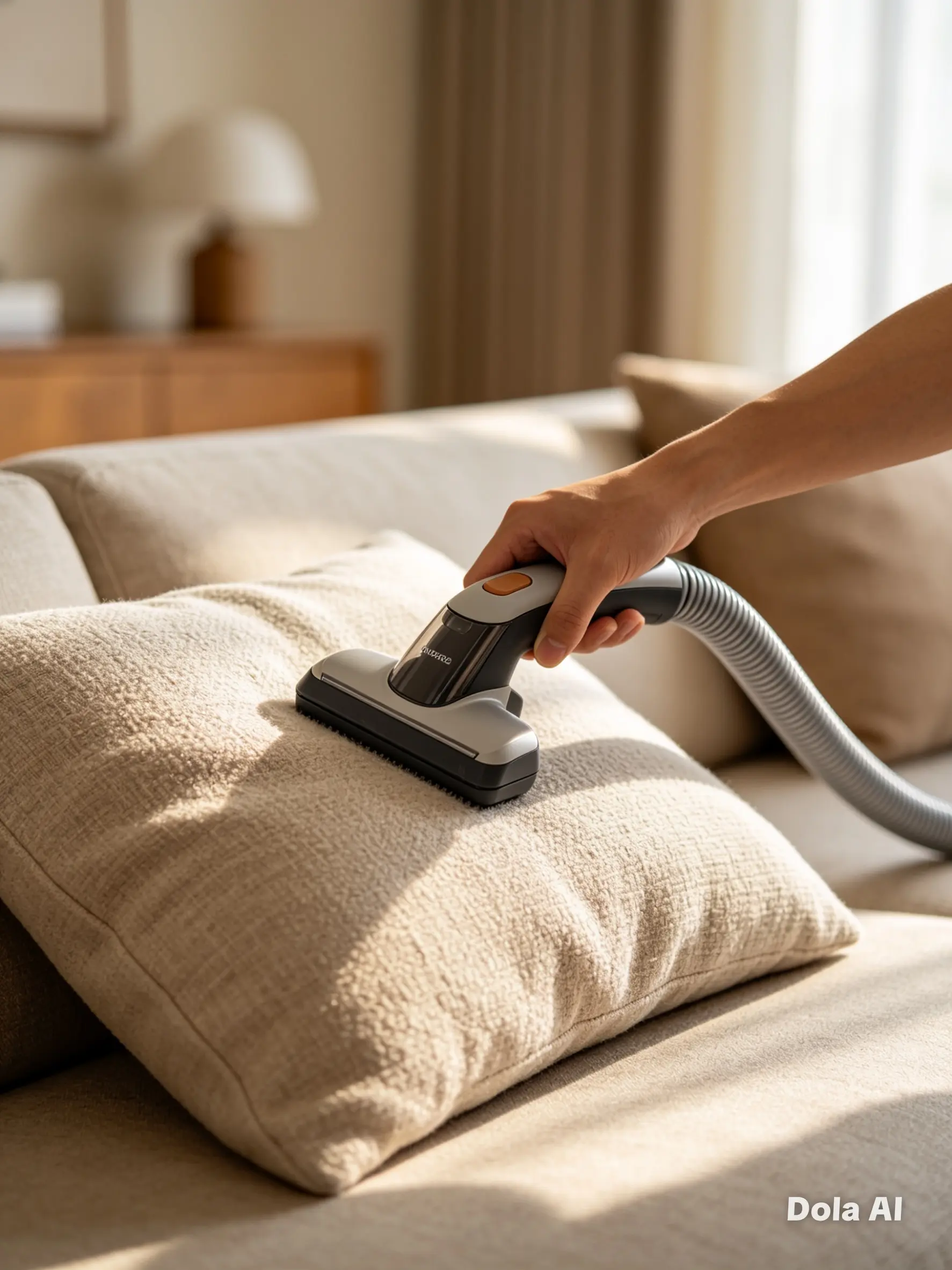 Person gently vacuuming a fabric sofa cushion with an upholstery attachment