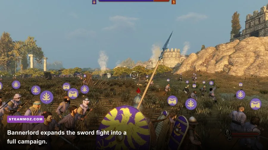 Mount and Blade II Bannerlord army attacking a castle during a siege