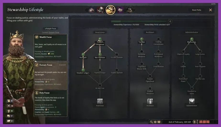 Crusader Kings 3 Stewardship lifestyle interface