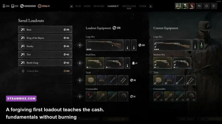 Hunt Showdown 1896 beginner loadout with Winfield M1873 knife and medkit
