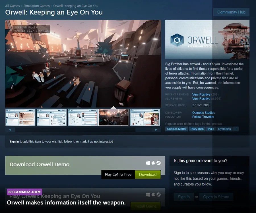 Orwell gameplay showing a surveillance investigation and classified computer files