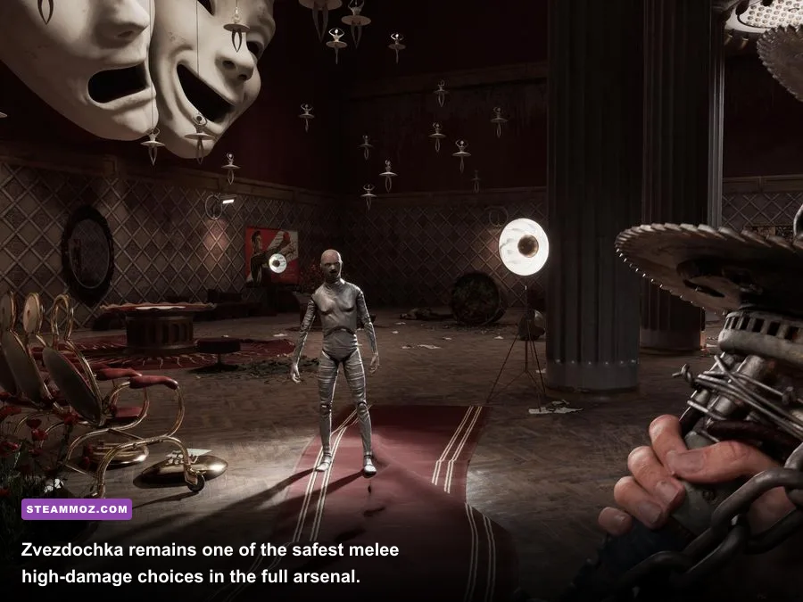 Atomic Heart Zvezdochka axe weapon striking a hostile machine