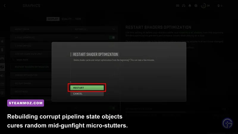 Modern Warfare 2 graphics menu displaying the Restart Shader Optimization option