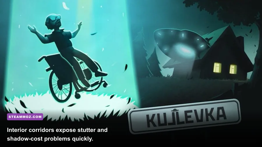 Kujlevka gameplay in a dark lunar station corridor with fluorescent lights