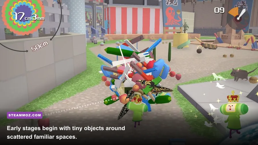 The Prince collecting household objects inside a Katamari Damacy REROLL stage