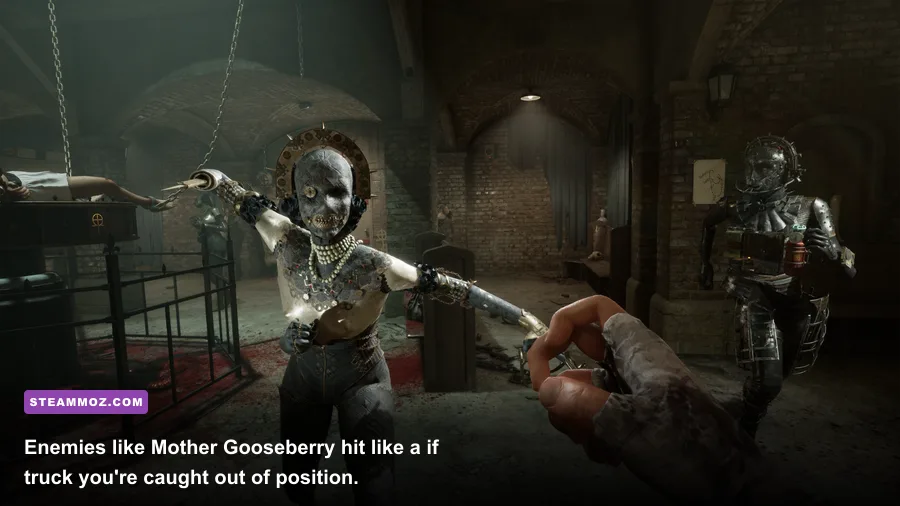 A grotesque enemy chases a player through a corridor in The Outlast Trials