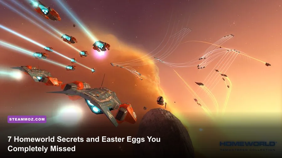 The Kushan Mothership preparing for a hyperspace jump surrounded by frigates in Homeworld Remastered