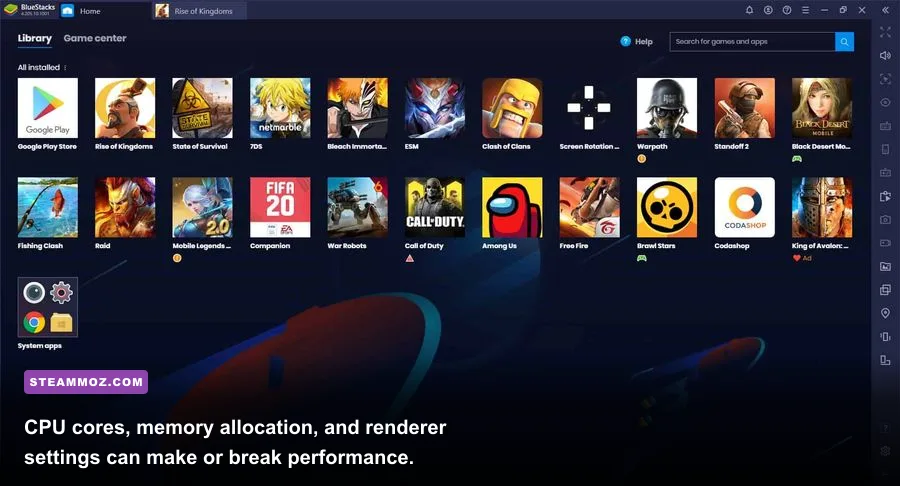 BlueStacks 5 performance settings configured for Free Fire
