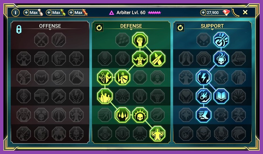 Screenshot of Raid Shadow Legends mastery tree showing offense, defense, and support branches