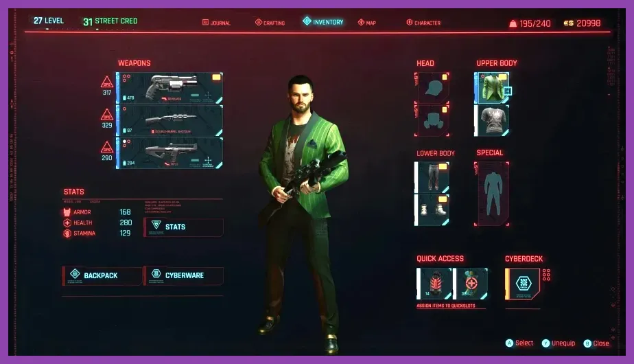 Character stats and armor customization screen in Cyberpunk 2077
