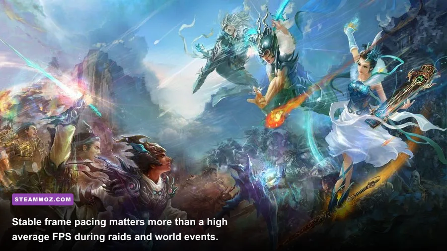 Gaming PC running an MMORPG with an FPS performance overlay