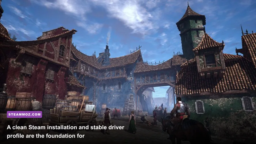 King's Bounty II knight near a fantasy castle on PC