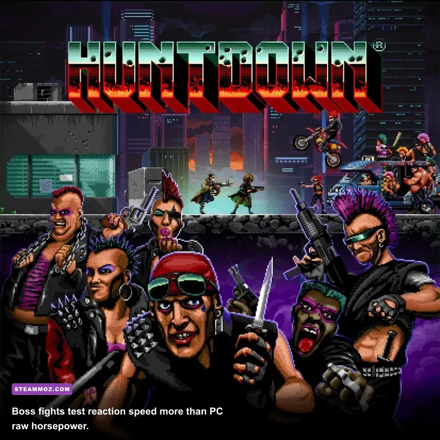 Huntdown boss battle with a bounty hunter dodging heavy enemy attacks
