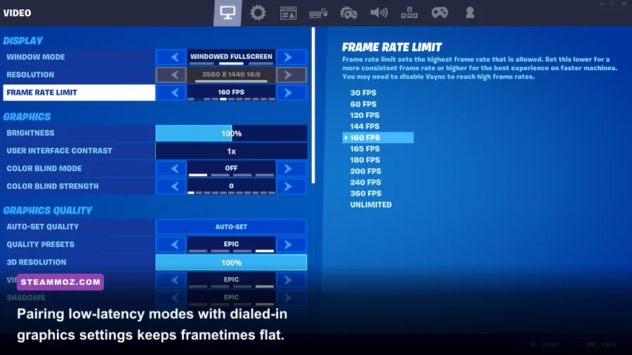 Modern PC game graphics menu configuring low latency mode and frame rate caps