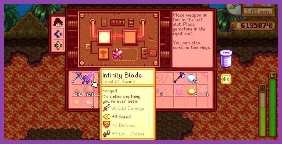 Stardew Valley Volcano Forge showing Infinity weapon upgrades