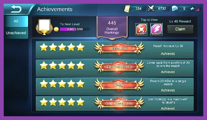 Mobile Legends Bang Bang achievement menu in the player profile