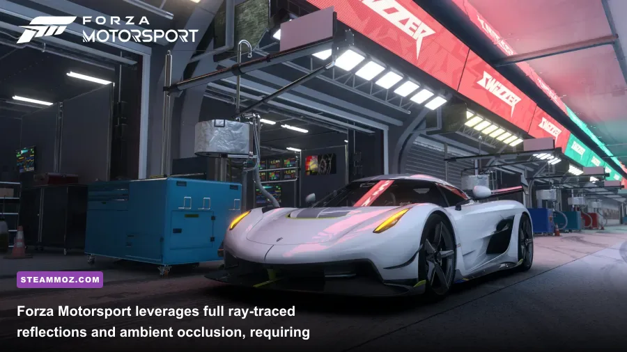 Forza Motorsport wet track showing ray-traced reflections and dynamic weather