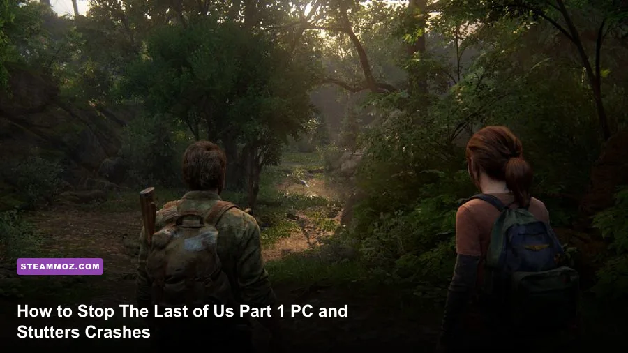 Joel and Ellie traversing a lush overgrown city street in The Last of Us Part 1 on PC