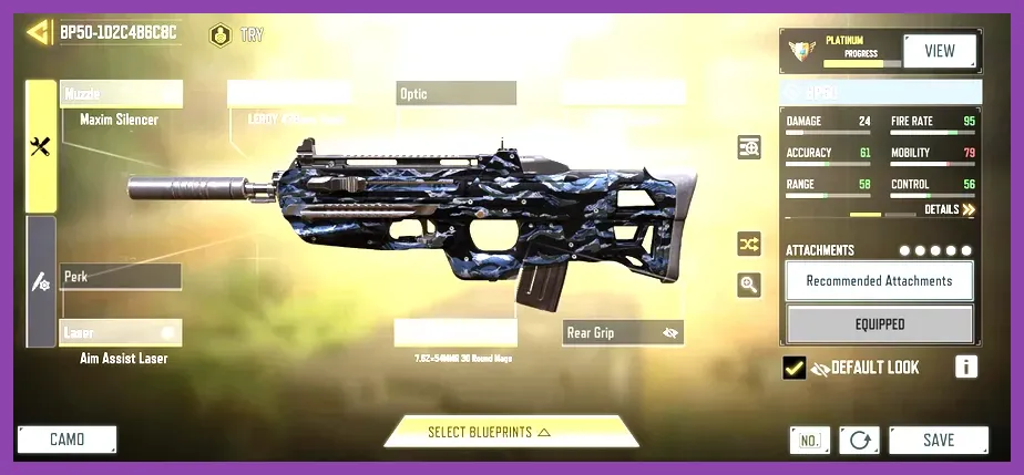 CODM Gunsmith menu showing optimal meta weapon attachments for ranked play