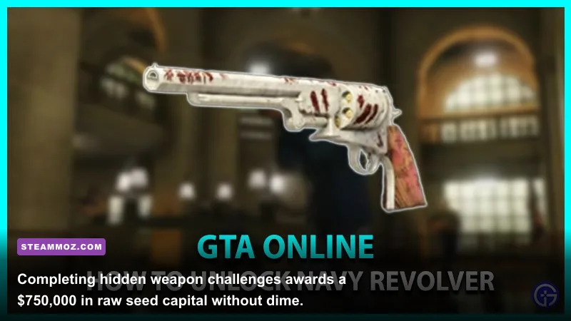 Custom Navy Revolver handgun in GTA Online held against Blaine County backdrop