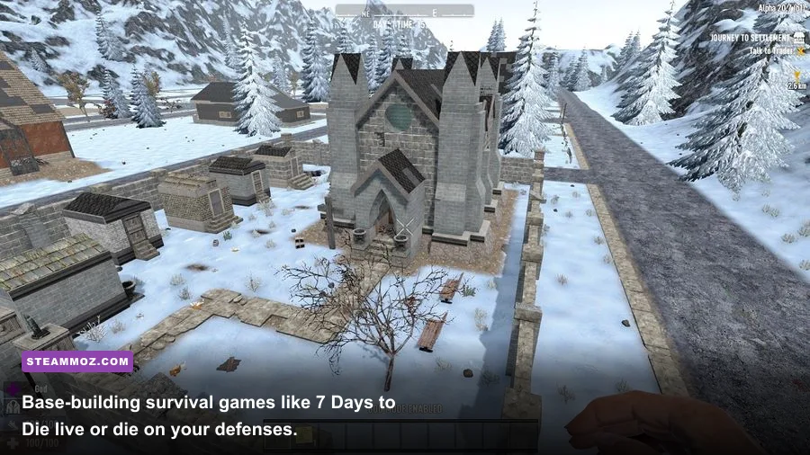 A fortified base built to withstand zombie hordes in 7 Days to Die