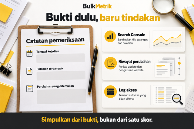 Infografik pemeriksaan dugaan Negative SEO melalui catatan kejadian, Search Console, riwayat perubahan website, dan log akses