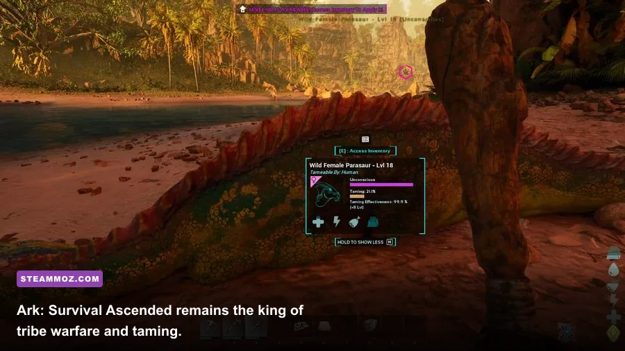 Player taming a dinosaur in Ark Survival Ascended