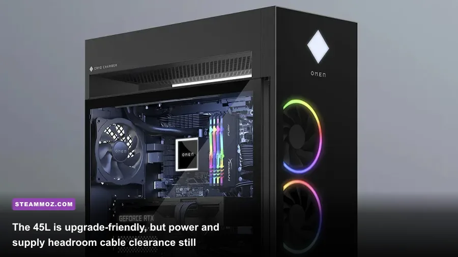 Graphics card and PCIe power cable installation inside an HP OMEN 45L