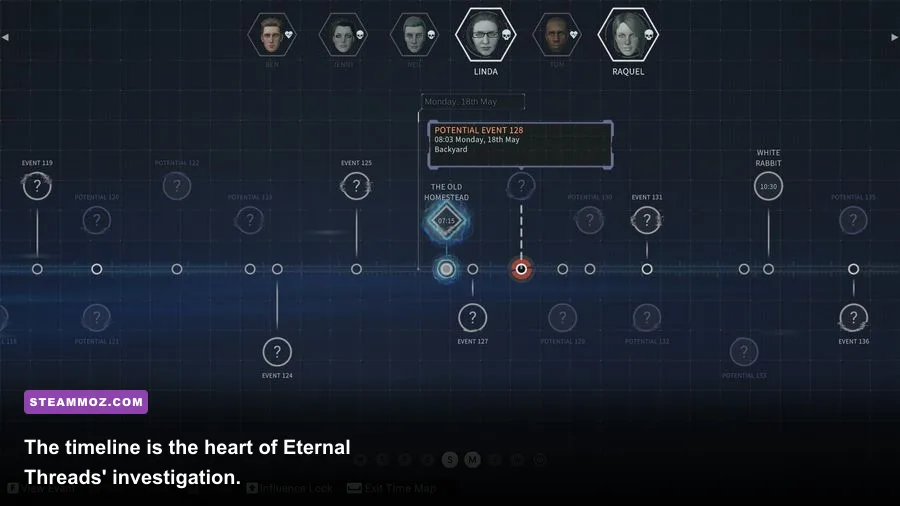 Eternal Threads timeline interface used to investigate character decisions